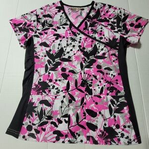 Green Town Scrub Top Womens Size‎ Small Multicolor Leaf Pattern